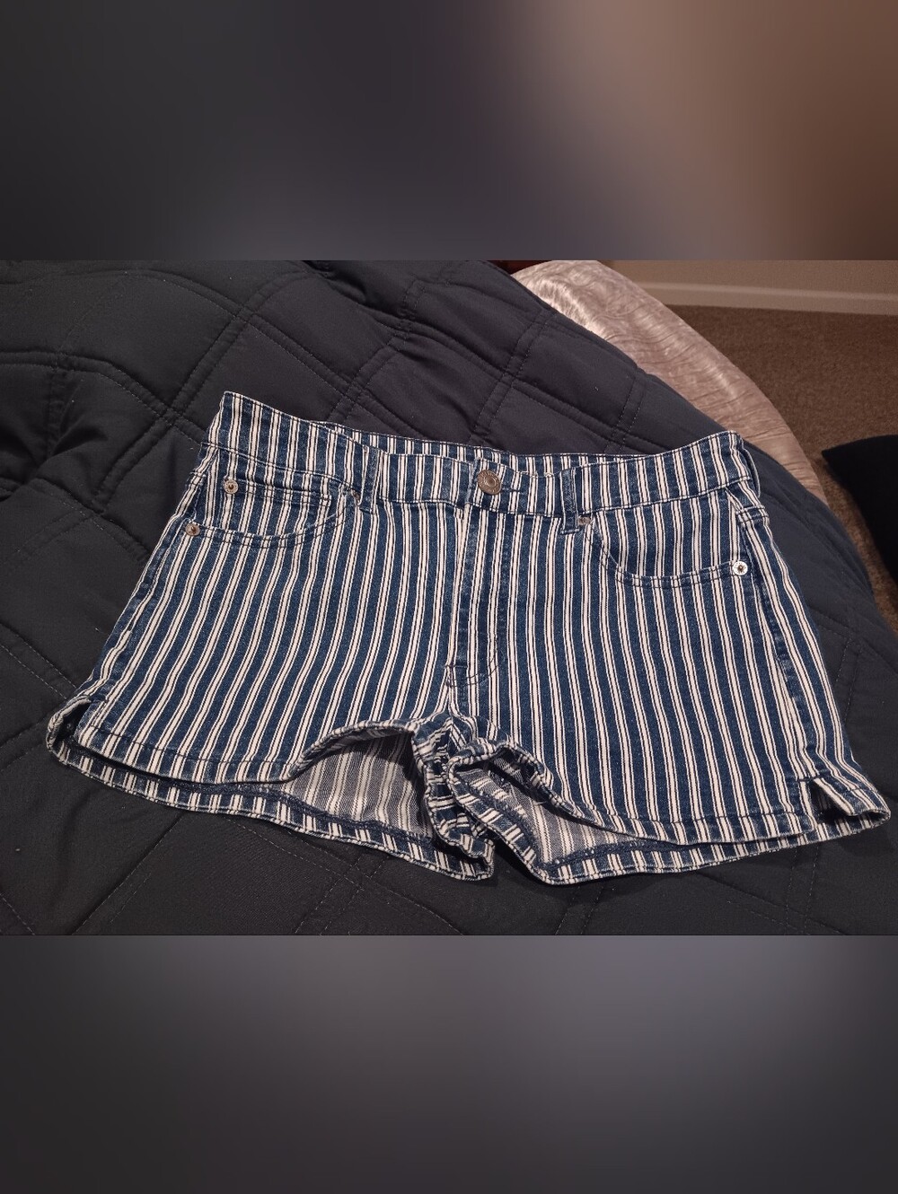 American Eagle Outfitters Navy and White Striped Denim Shorts
